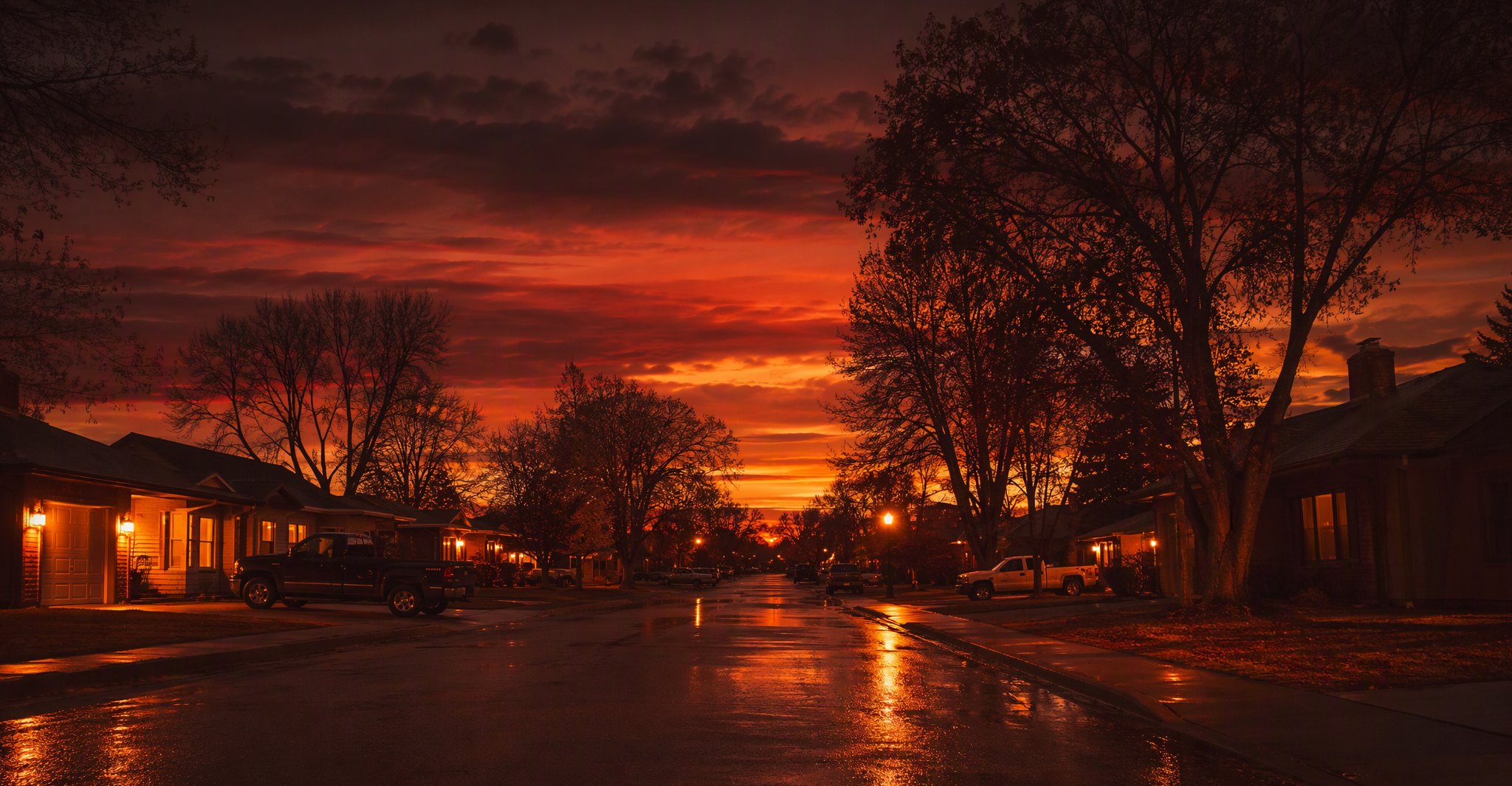 Warm-lit Fargo homes along the Red River under a twilight prairie sky